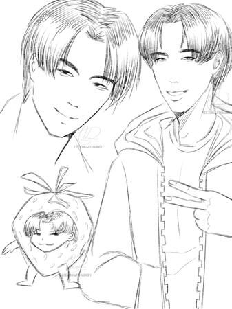 An artwork showing multiple sketches of a man. One is a close-up of his face, with him smiling at the viewer. Another on the far right is standing and also smiling. Another at the bottom is wearing a strawberry costume.