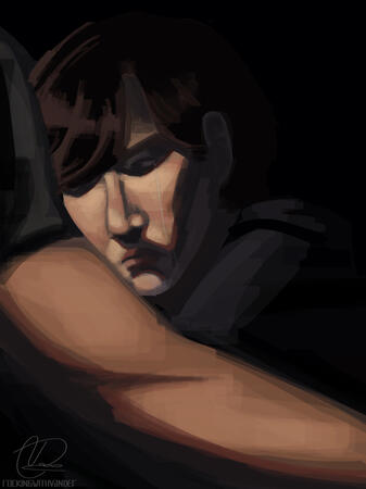A digital painting of a light-skinned man being embraced by another person.