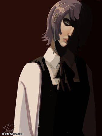 A digital painting of a woman with pale purple hair and mauve eyes. She is wearing a school uniform with a white shirt, black overalls, with a black ribbon wrapped around the collar. She is also wearing ear piercings and an earring that resembles a scale.